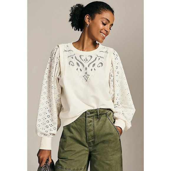 Pilcro Tops - PILCRO Anthropologie Washed Eyelet Soft Cotton Lightweight Boho Sweatshirt XS
